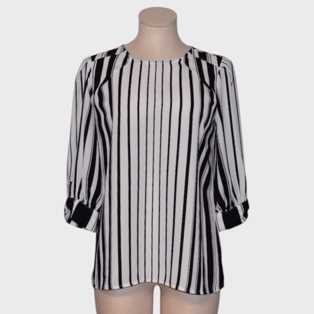 Worthington Monochrome Striped 3/4 Sleeve Blouse‎ with Bow Cuffs